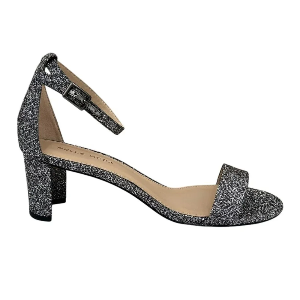 Pelle Moda Womens Monroe Sandal 8 Metallic Black Finished Block Heel Ankle Strap